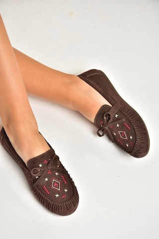 Fox Shoes Y996073102 Kahverengi Süet Renkli Motif İşlemeli Kadın Babet Kahverengi