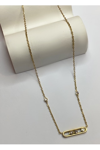 Kadın Hareketli Üç Taş Model Çelik Kolye Gold