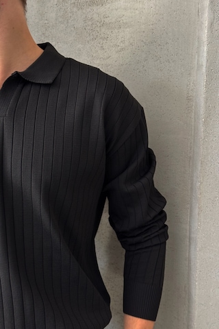 Erkek Polo Yaka Fitilli Oversize Triko Kazak Siyah