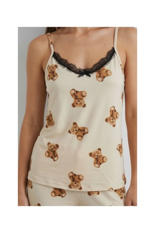 Feg Store Kadın Krem Ayıcık Baskılı Siyah Dantel Detaylı İp Askılı Pijama Takımı
