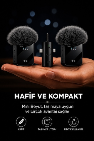 Sprange 3ın1 Kablosuz Yaka Mikrofonu Type-c Lightning Ve 3.5mm Aux Çift Mikrofonlu Dijital Ekranlı Telefon Kamera Tablet Uyumlu