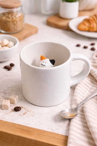 Sürpriz Kedi Figürlü Seramik Kahve Kupası Gizli Tasarım Mug Bardak Beyaz
