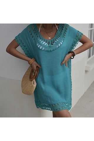 Düz Renk Tığ İşi V Yaka Ultra Rahat Kesim Plaj Elbisesi Mavi