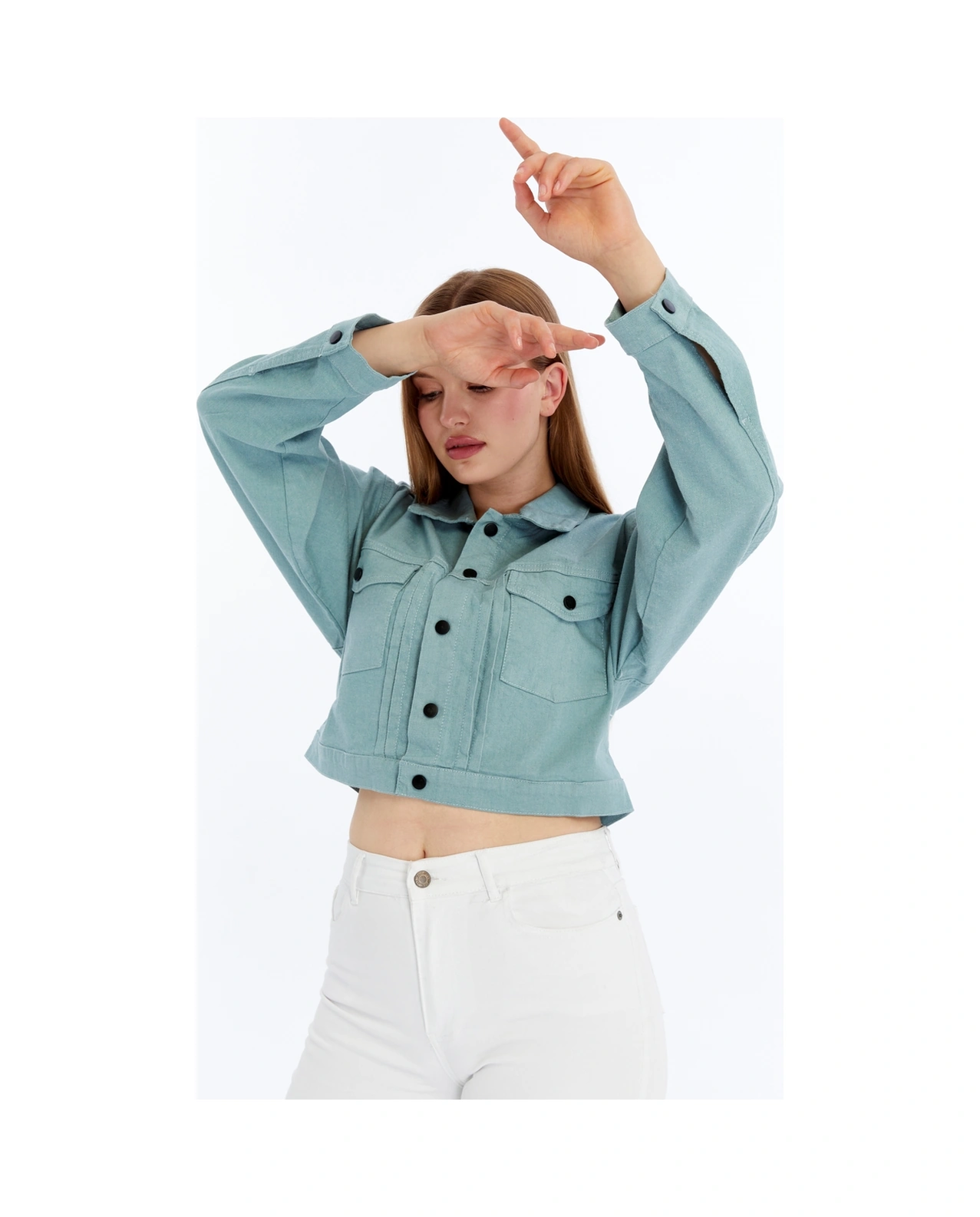 Kadın Bomber Gabardin Ceket Çıt Çıt Düğmeli Kolej Kot Ceket Cepli Renkli Kolay Kombinlenebilen Ceket Yeşil