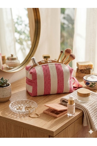 Faralyalife Çizgili Fermuarlı Taşıma Kulplu Makyaj Çantası 20x20 Cm %70 Pamuk %30 Polyester Kozmetik Kadın Makyaj Çantası