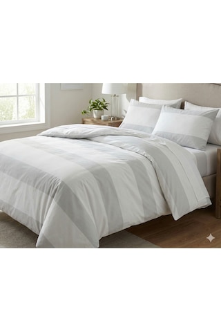 Maki Home %100 Pamuklu Soho Gri Çizgili 200x220+2 50x70 Çift Kişilik Nevresim Ve Yastık Kılıfı Beyaz Gri