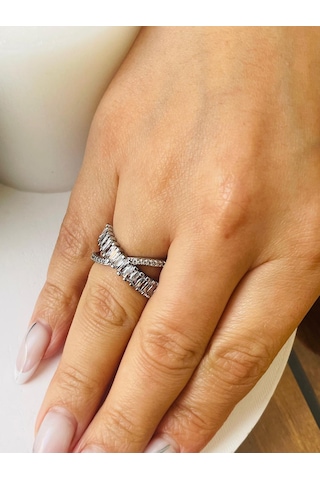 Zikzak Zirkon Taşlı Çelik Yüzük Gümüş