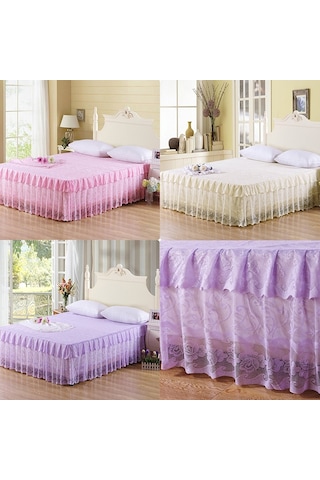 Sones Dantel Yatak Etek Çarşaf Prenses Yatak Örtüsü Yatak Örtüsü, Boyut: 200x220cm Pembe