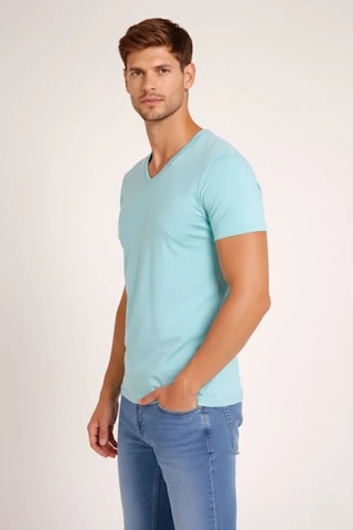 Veraura Lifestyle Erkek T-shirt V Yaka Slim Fit Dar Kesim Likralı Tişört Günlük Basic Body - Turkuvaz Turkuaz