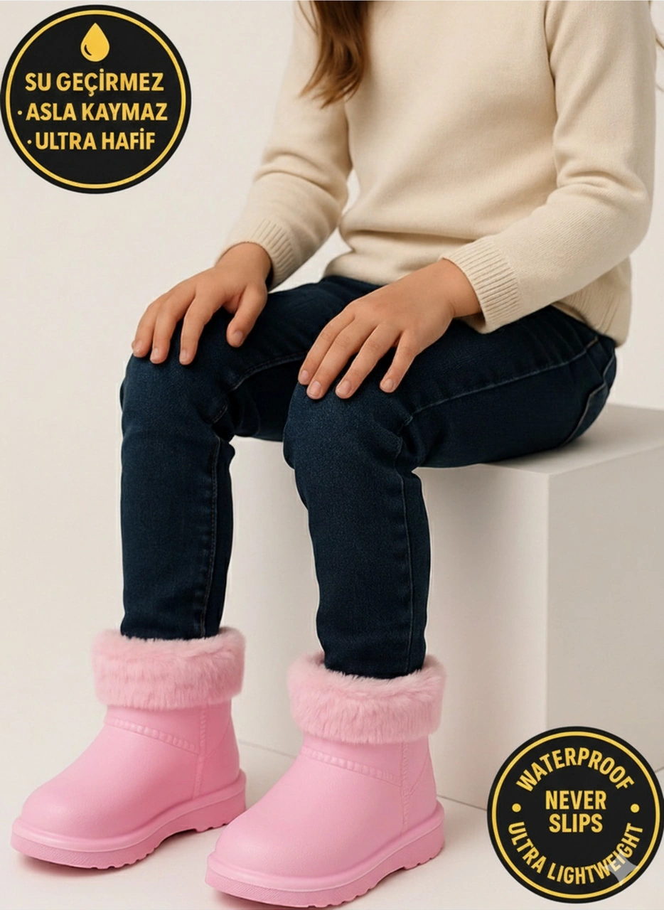 Çocuk Kışlık Kar Yağmur Botu Su Geçirmez, Peluş Astarlı, Eva W10290-225 Tokio Borreguito Modeli Pembe
