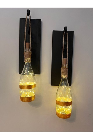 Tıpa Peri Led Işıklı Siyah Ahşap Cam Şampanya Şişesi Duvar Aplik Çok Renkli