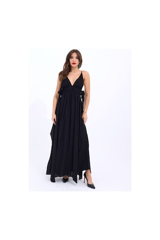 Fashion Cocktail İp Bağlama Askılı Yan Dekolteli Bağcık Fiyonk Pamuklu Maxi Uzun Tatil Beach Yazlık Elbise Siyah