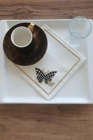 Kelebek Nakışlı Keten Kare Bardak Altlığı Seti 6 Lı Beyaz