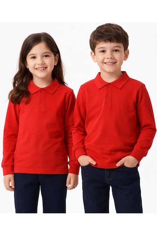Store Okul Kırmızı Polo Yaka Uzunkol Tişörtleri Kıyafetleri Üniforması Çocuk Genç Kırmızı