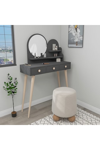 Arnetti Ruges Aynalı Makyaj Masası Ahşap Ayaklı Antrasit