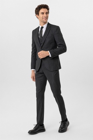 Süvari Siyah Slim Fit Desenli Mono Yaka 6 Drop Yelekli Klasik Takım Elbise-35634 Siyah