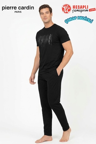 Pierre Cardin Paris Premium Erkek Bisiklet Yaka Pamuklu Penye Kısa Kollu Pijama Takım Siyah