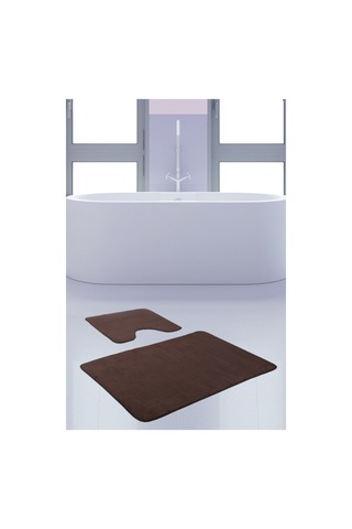 Unicolor Düz Kahve 2'li Banyo Paspası Halısı Seti Kaymaz Deri Tab Kahverengi