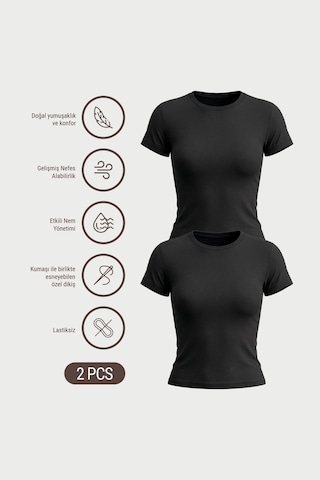 Auw Kadın Bisiklet Yaka Pamuklu Modal T-shirt 2'li - Softfit Siyah - Siyah