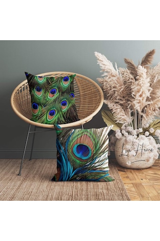 Tavus Kuşu Desenli Çift Taraflı Dekoratif 2'li Kombin Kırlent Kılıfı Seti Çok Renkli