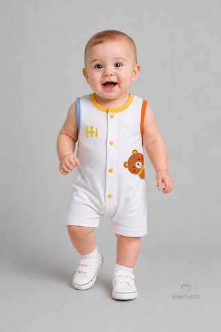 Babyden's Erkek Bebek Tulum Yazlık Pamuklu Şortlu Çıtçıtlı Ayıcık Baskılı Bebek Tulumu Yenidoğan Bebek Giyim 0-9 Ay Beyaz