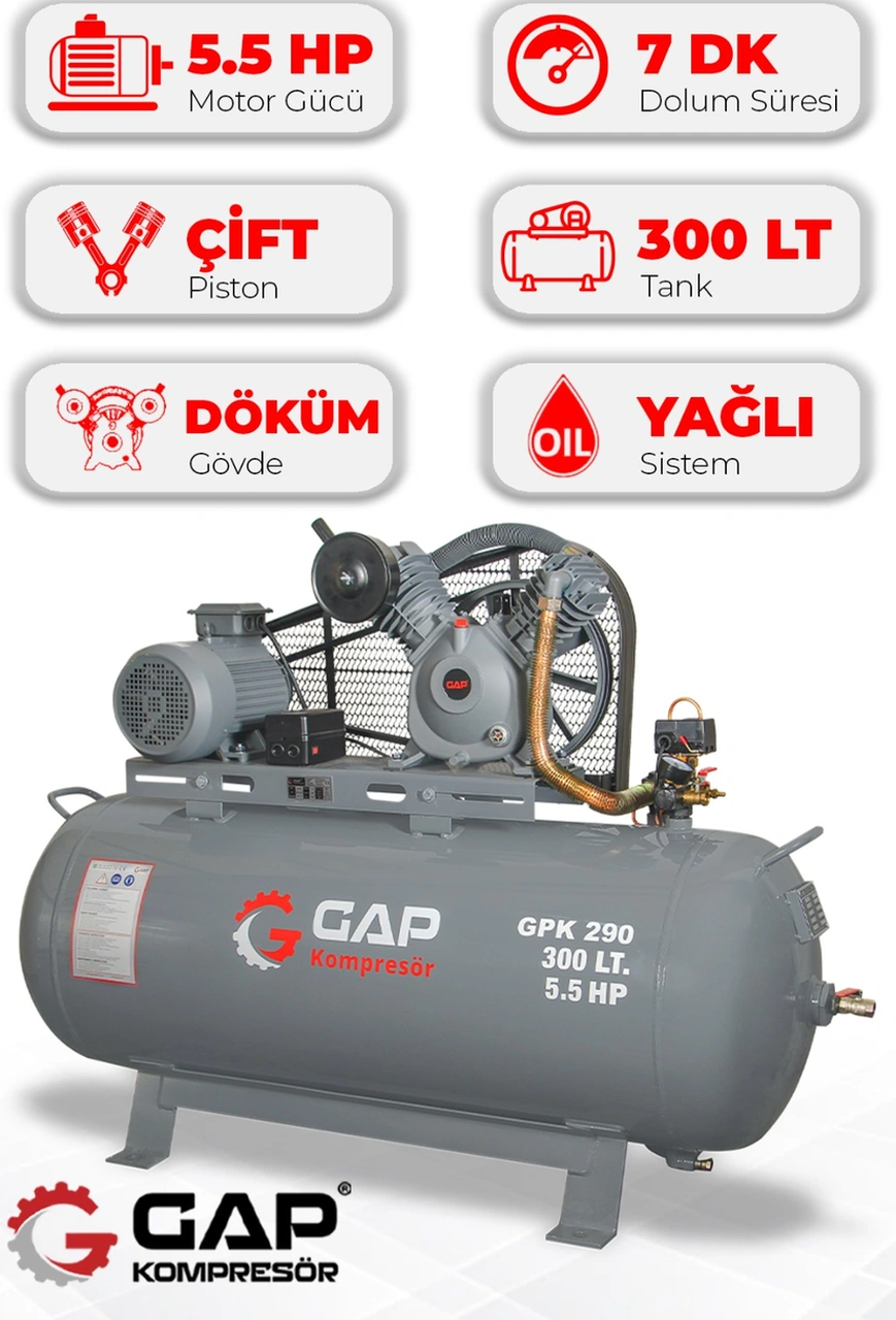 Hava Kompresörü Pistonlu 300 Lt 2 Kafa 12 Bar 5.5 Hp Gpk-290