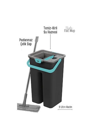 Grimorlife Style Flat Mop Temizlik Kova Paspas Seti Siyah Renk 9 Litre+ 2 Adet Yedek Mop Bezi