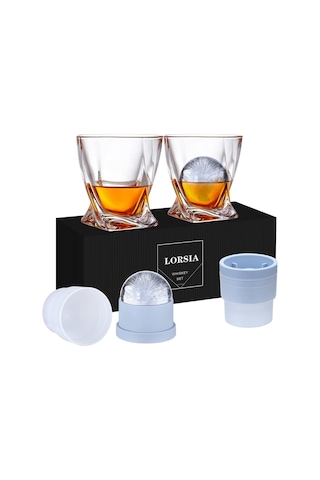 Viski Kayaları Bardağı, 4'lü Set 2 Kristal Bourbon Bardağı, 2 Yuvarlak Büyük Buz Topu Kalıbı Hediye Kutusund