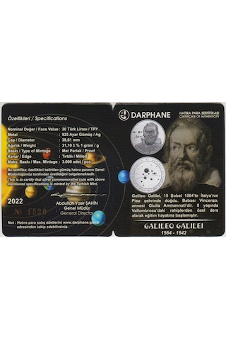 Galileo Galilei 20 Lira 2022 Gümüş Hatıra. Seri Nolu Sertifikalı-kapsülünde 31,1 Gr Proof Çil.