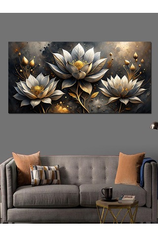 Kanvas Tablo Altın Beyaz Lotus Çiçekleri