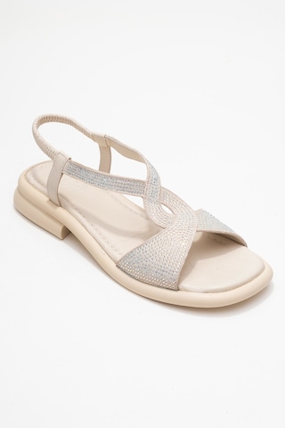 Luvishoes Aurora Ekru Hakiki Deri Taşlı Kadın Sandalet Ekru