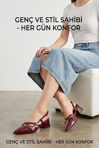 Mary Jane Bordo Rugan Çapraz Tokalı Slingback - Sivri Burun Alçak Kare Topuklu Elegant Kadın Ay...
