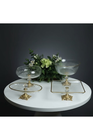 Elta Collection Gold Detaylı Metal Ayak 4 Parça Sunum Ve Servis Seti Gold