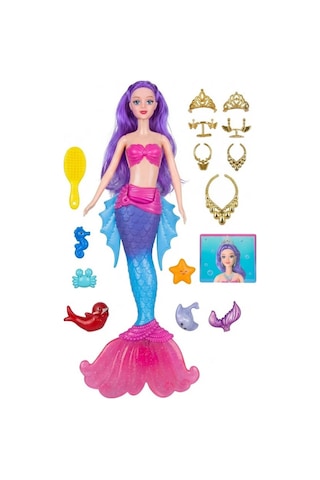 Sasha Deniz Kızı Oyuncak Bebek - Aksesuarlı, Taraklı, Hazine Sandıklı Büyük Set 40 Cm Mor