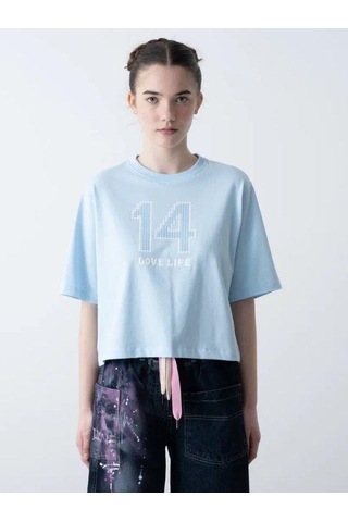 Zekids Kız Çocuk 14 Lıfe Yazılı Pamuklu Tshirt-15795 Mavi