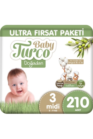 Baby Turco Doğadan Ultra Fırsat Paketi Bebek Bezi 3 Numara Midi 210 Adet 5'li