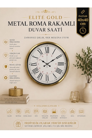 Gold 40 Cm Metal Roma Rakamlı Duvar Saati