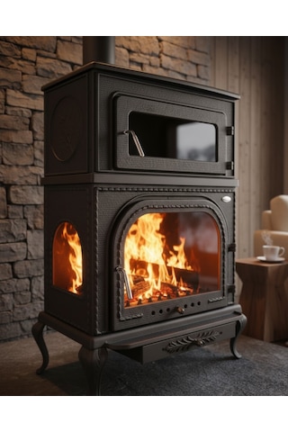 Reyo Stove Abant Üç Camlı Yan Kapak Fırınlı Döküm Şömine Soba