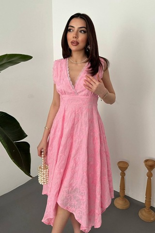 Duygudan Pembe Brodeli Elbise - Pembe Çok Renkli