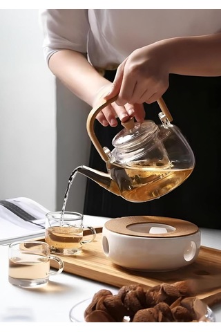 Borosilikat Cam Demlik - Bambu Kulplu Bitki Demliği - Isıya Dayanıklı 1.2 L Çok Renkli