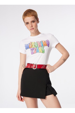 Moschino Jeans Beyaz Kadın Yuvarlak Yaka Baskılı T-shirt 241k1a0708