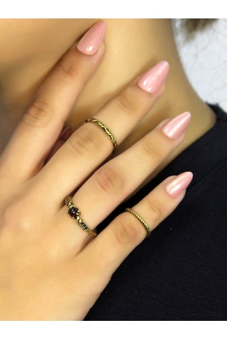 Doğal Taşlı 3'lü Garnet Lal Doğal Taşlı Antik Modelli Kadın Ayarlanabilir Yüzük Seti Euy84 Kırmızı