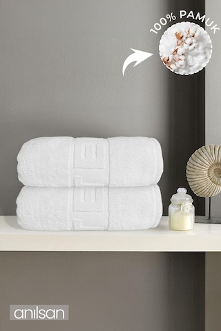 2'li Hotel Logo Banyo Havlusu - 70x140 Cm, 490 Gr, %100 Pamuk, Spa Ve Otel Havlusu, Günlük Kullanıma Uygun Beyaz