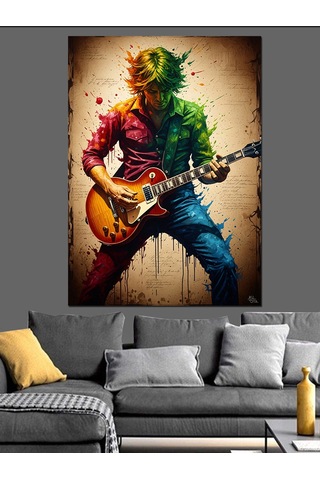 Ahşap Tablo Gitar Çalan Renkli Modern Sanatçı