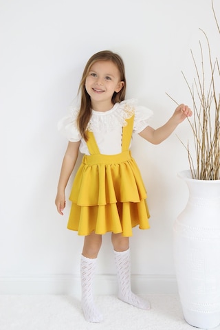 Kız Çocuk Helen Sarı Askılı Kat Kat Bağlama Jile Elbise Dantel Detay Ekru Kısa Kollu Bluz İkili Takım