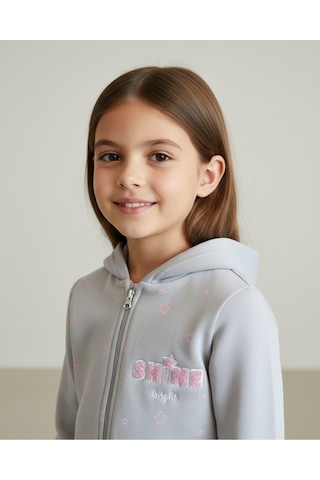 Shine Baskılı Yıldız Desenli Fermuarlı Kapüşonlu Kız Çocuk Hırka Gri