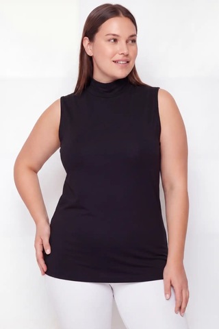 Terrien Tekstil Ürün Mevsimlik Giysi Alternatif Hediye Kadın Büyük Beden Balıkçı Yaka Kolsuz Body Siyah