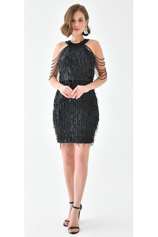 Hanife Glam Couture Hanife Glam Halter Yaka Taş Tasarımlı Saçaklı Pul Payet Mini Elbise Siyah