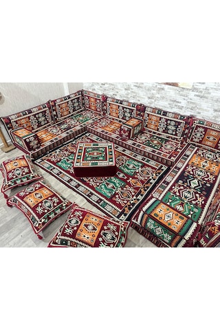 Coton Şark Köşesi Bordo Milas Desenli Minder Takımı