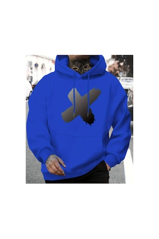 Herkesemoda X Baskı Detaylı Kapüşonlu Sweatshırt Mavi